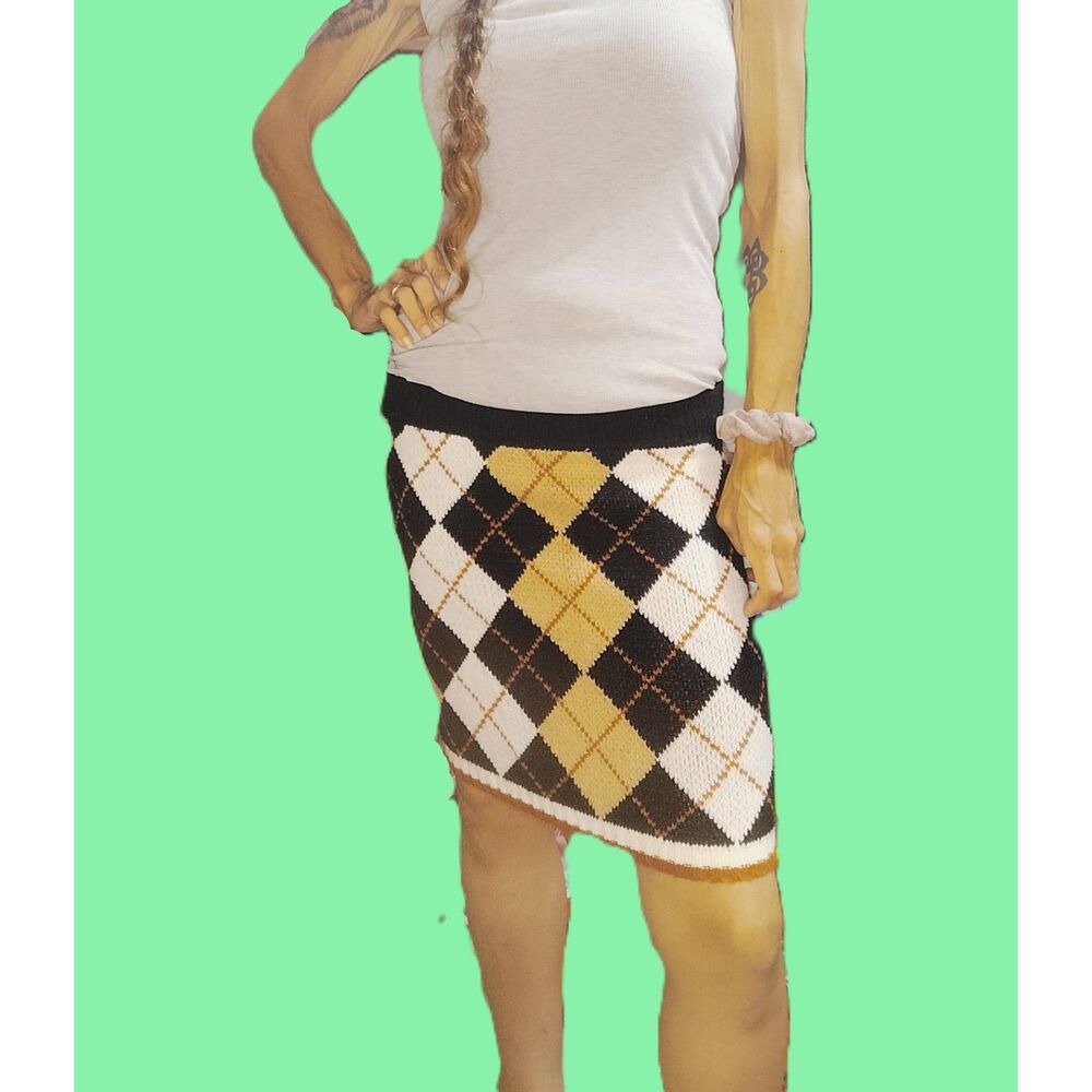 Gibiu Brown White Argyle Diamond Stretch Knit Mini Skirt ~ Small Preppy